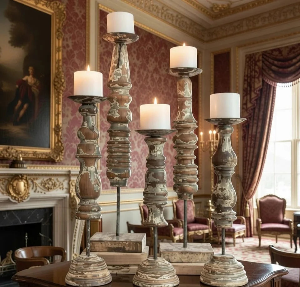 Set of 5 Tall Pillar Candle Holders Chippy - Farmhouse Distressed Antique Style Candlesticks