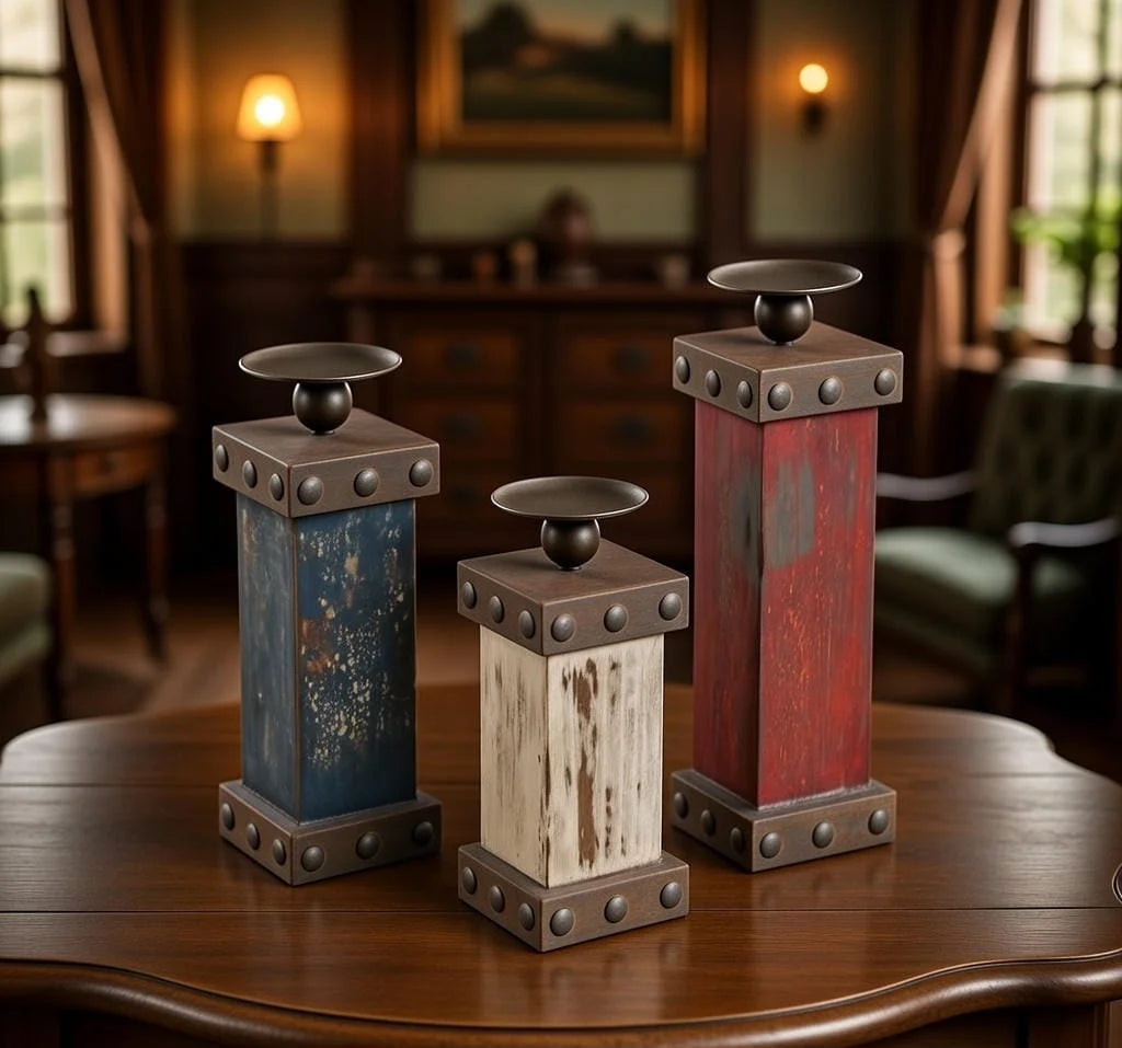 Bold Multicolor Industrial Candle Holders Set of 3 - Distressed Wood with Metal Rivets