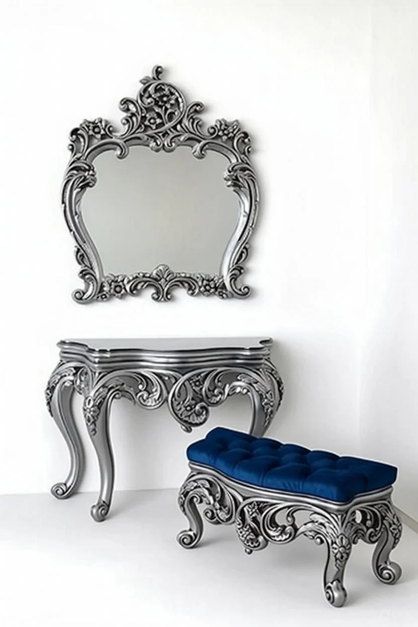 Veloria Antique silver Console Table with Mirror | Classic Handcrafted Wooden Console for Elegant Interiors
