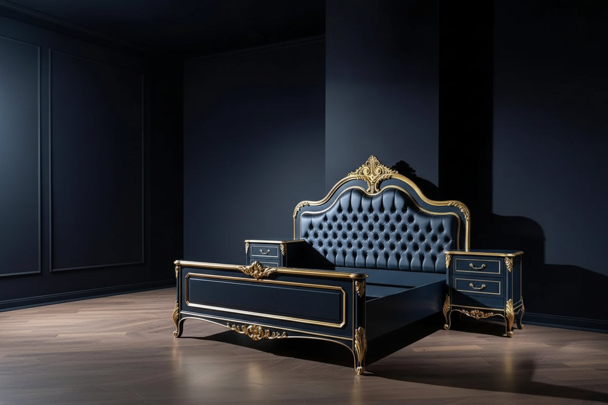 Crown Noir French Neoclassical King Size Bed -| Hand Carved | Blue Tufted Leather Headboard | Solid Wood |