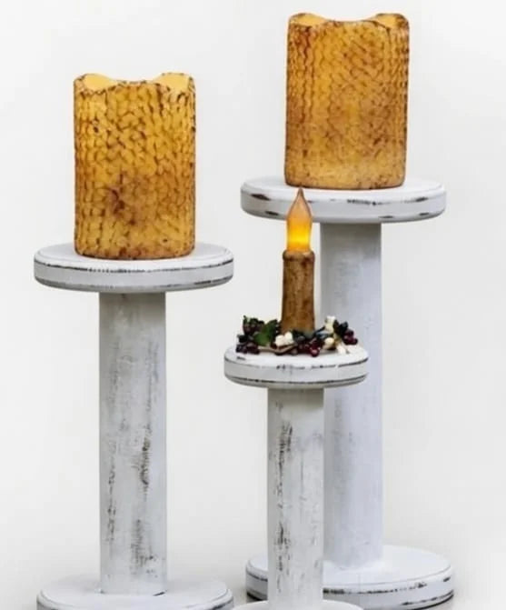 Set of 3 Spindle Pillar Candle Holders Distressed White - Rustic Farmhouse Candlesticks