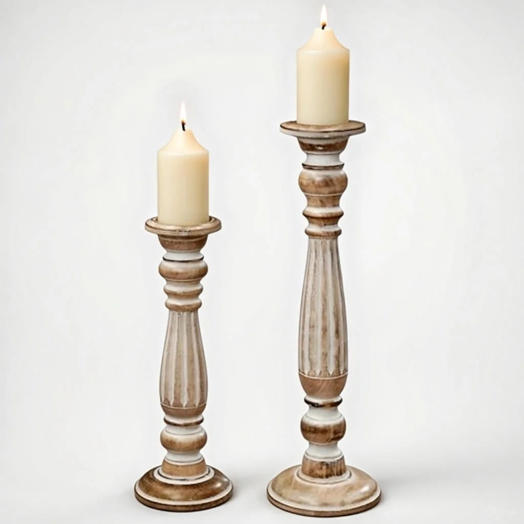 Weathered Gray Blue Pillar Candle Holders Set of 3 - Distressed Farmhouse Tall Candlesticks