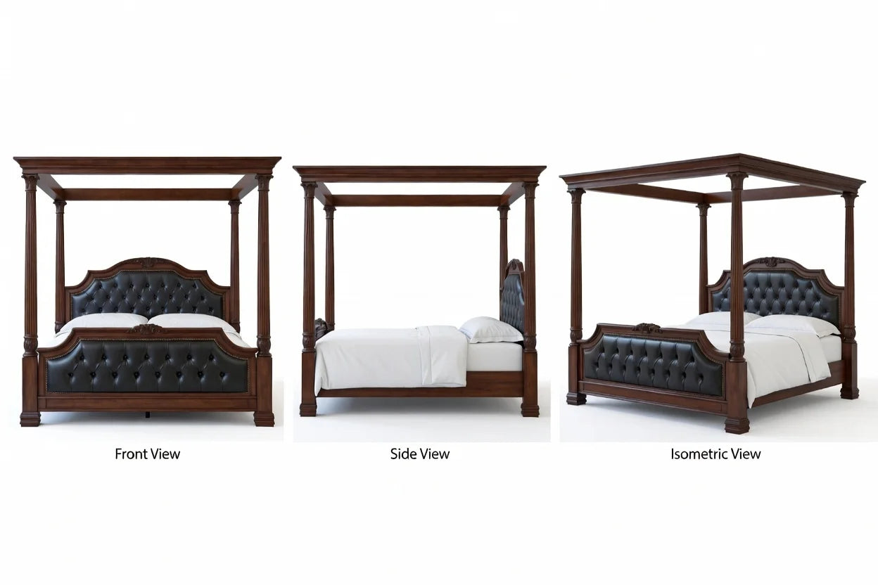Wooden canopy bed shown from front, side, and isometric views on a white background.