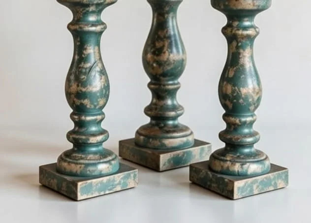 Vintage Teal Green Pillar Candle Holders Set of 3 - Distressed Gold Patina Tall Stands
