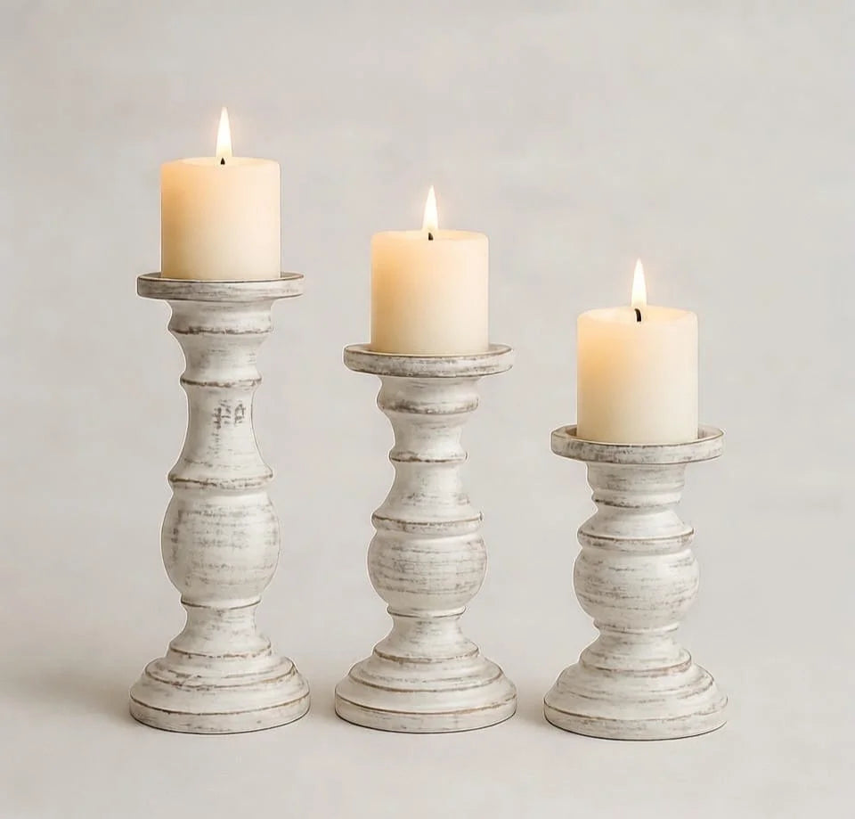 Rustic White Distressed Wooden Candstick Holders Set of 3 - Farmhouse Pillar Candlestick Decor