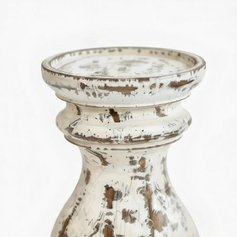 Chippy Distressed White Wooden Pillar Candle stick Holder | Solid wood | Makin It Home