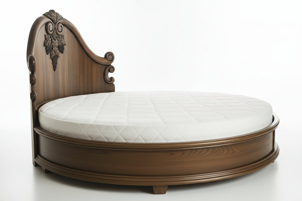 Handcarved Rustic Wooden Round Bed – Grape Cluster Carved Headboard| Baroque Circular Bed