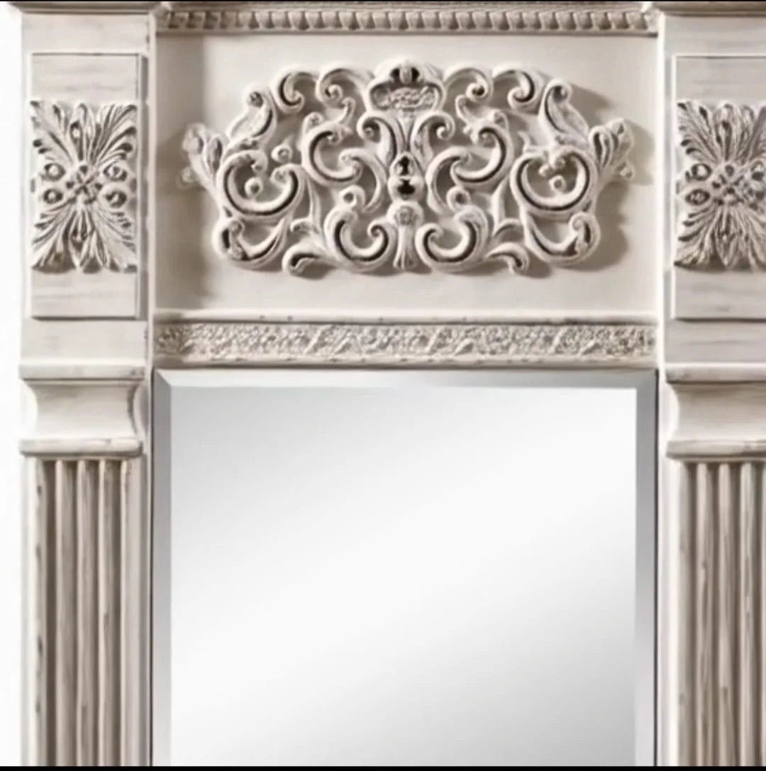 Hand Carved Classical Wooden Standing Mirror – Royal Neoclassical Pillar Design | Luxury Full Length Mirror | Ornate European Frame