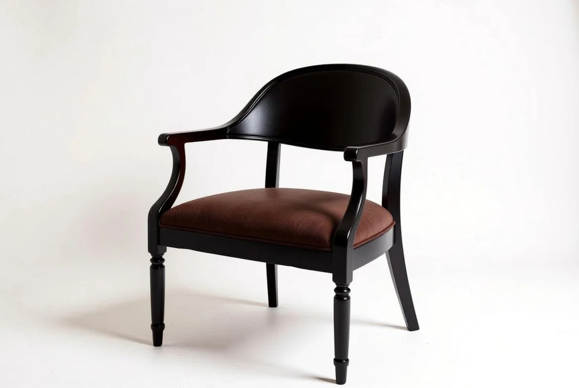 Simple classic wooden armchair with a curved backrest and brown upholstered seat cushion