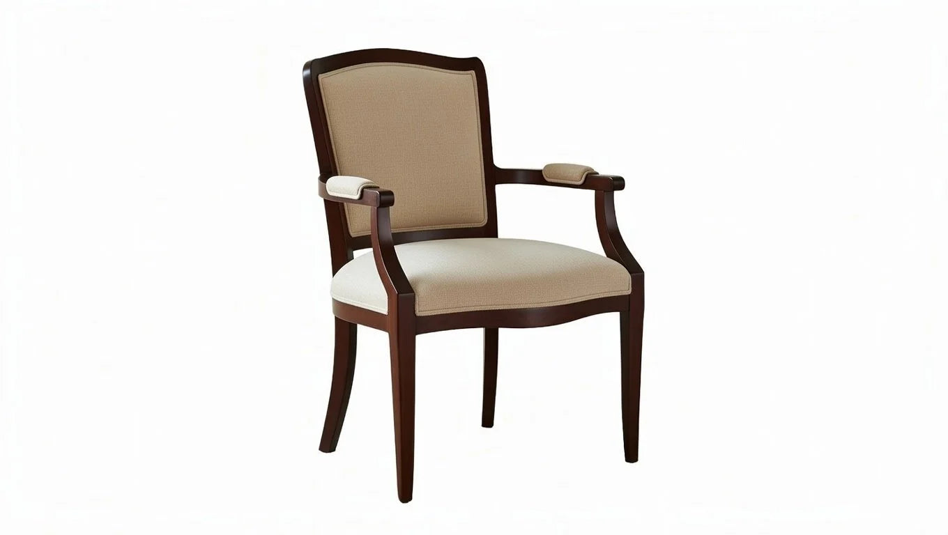 Elegant wooden armchair with beige fabric upholstery and dark wood finish.