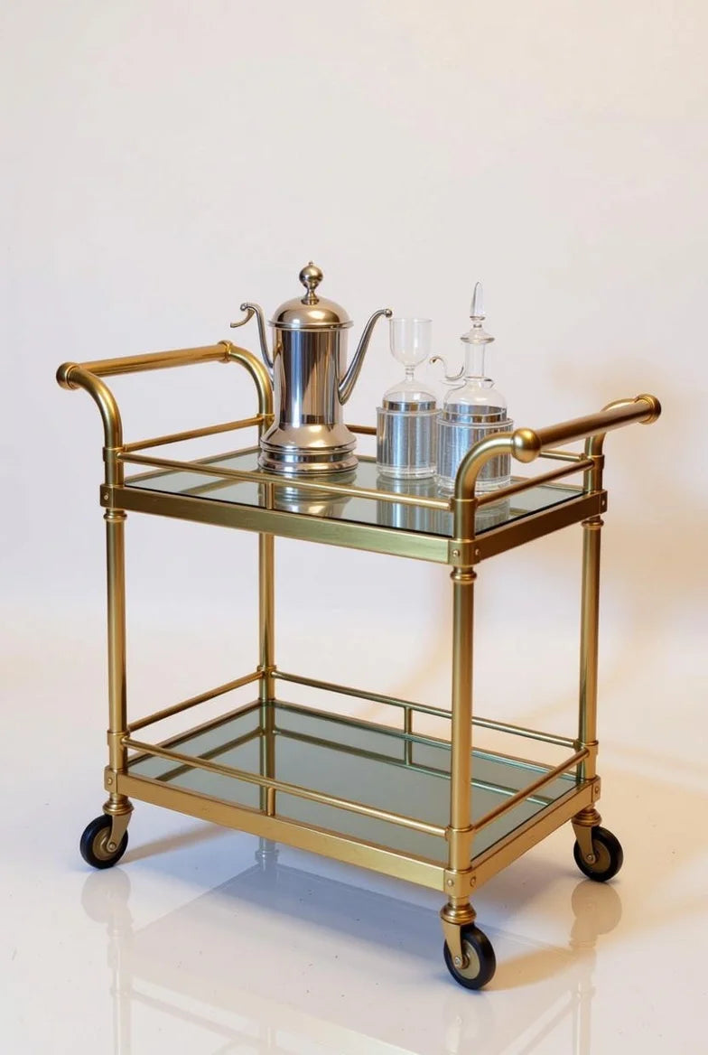 Gold brass Hollywood Regency bar cart with two tempered glass shelves, curved handles, and casters – luxurious cream & gold accent piece for Baroque dining rooms