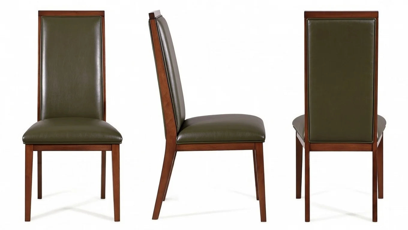 Tall olive green leather dining chair with high padded back, walnut frame, and tapered legs – front, side, and back perspectives in contemporary style