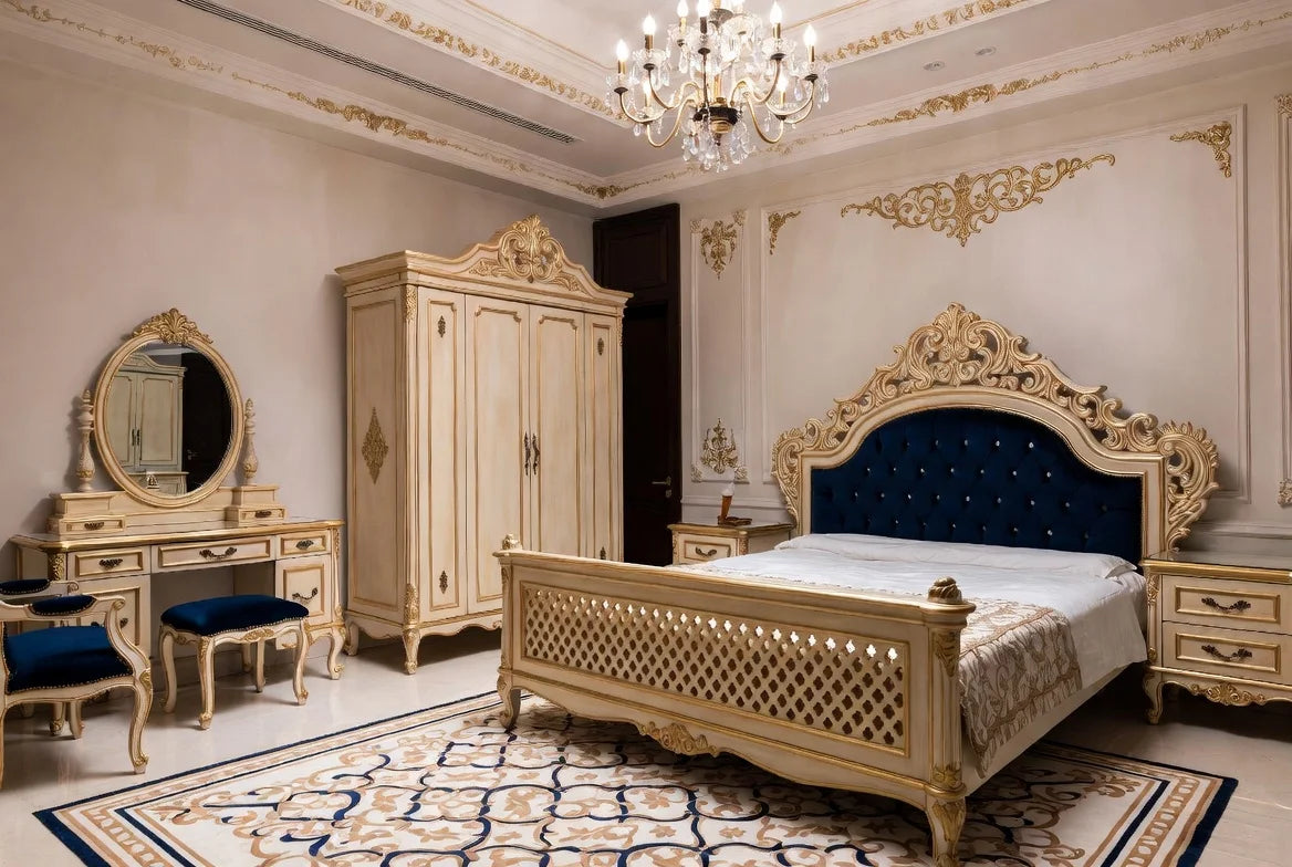 Luxurious bedroom with ornate furniture and decorative elements.