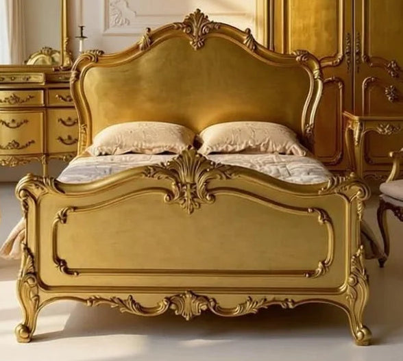 Heritage Gold French Rococo King Size Bed - |Hand Carved |Solid Wood |Gold Leaf Luxury