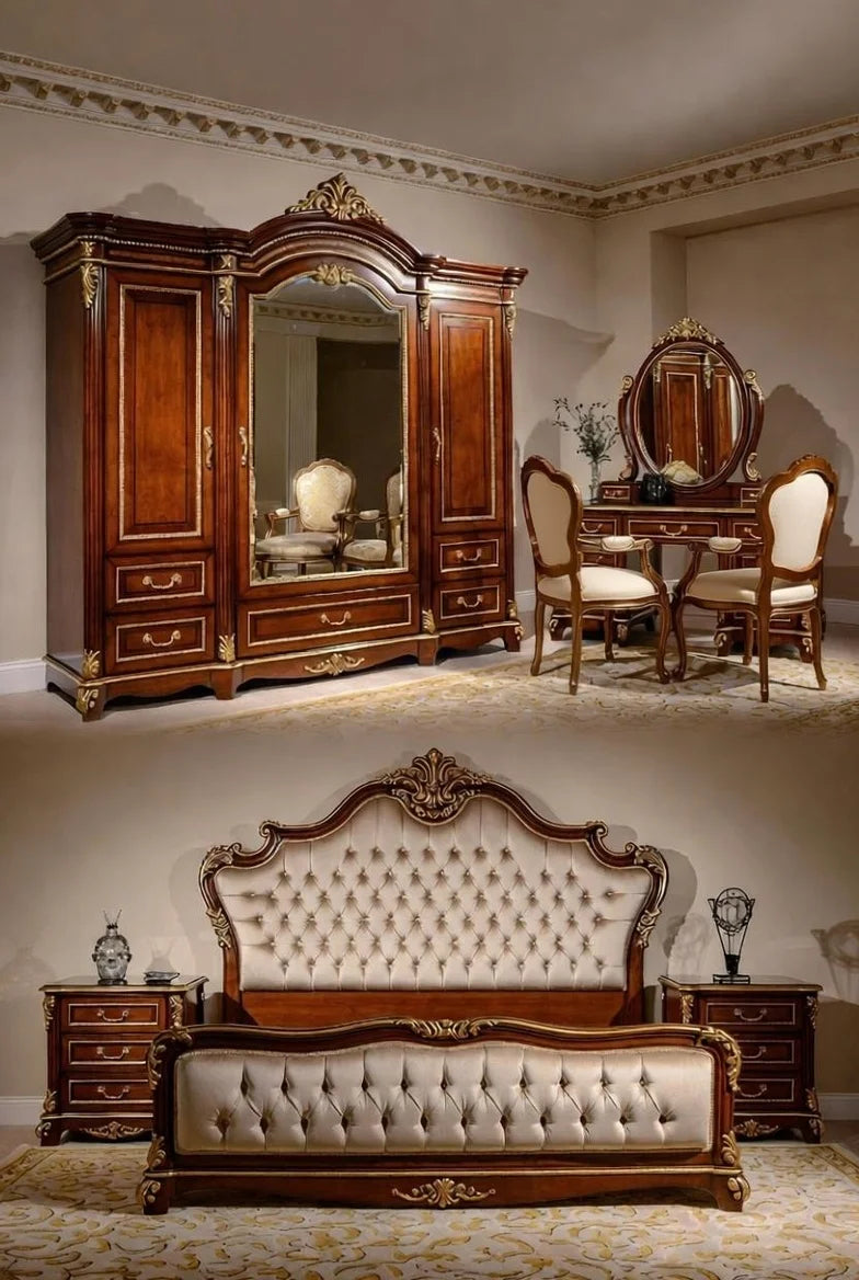 Luxury bedroom furniture set with wardrobe, bed, and side tables in a room.