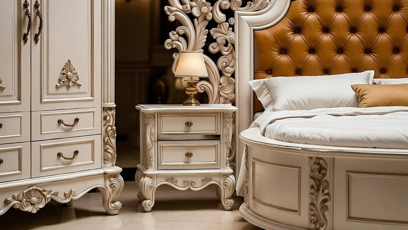 Classic white bedside table with gold accents and two storage drawers