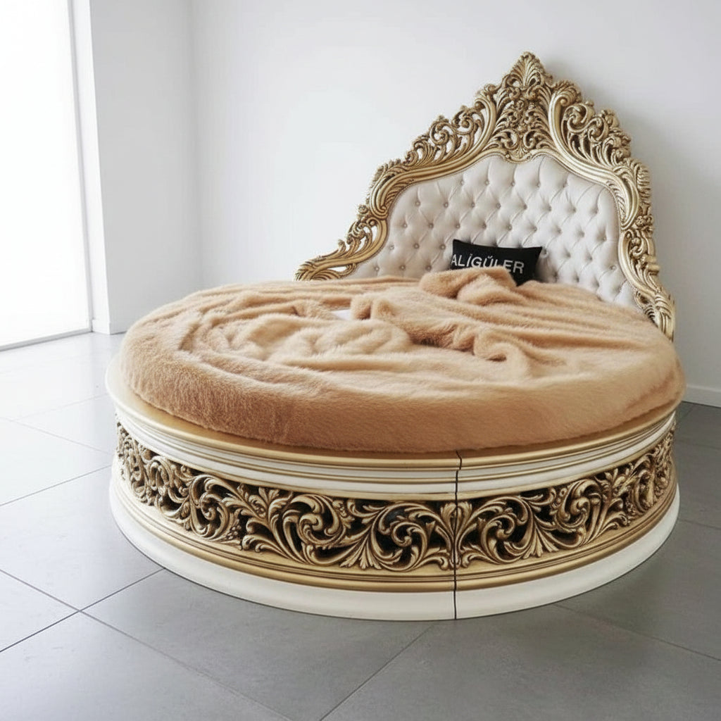 Luxury Grand Cream & Gold Round Bed ,Handcarved Italian Style| Makin' It Home