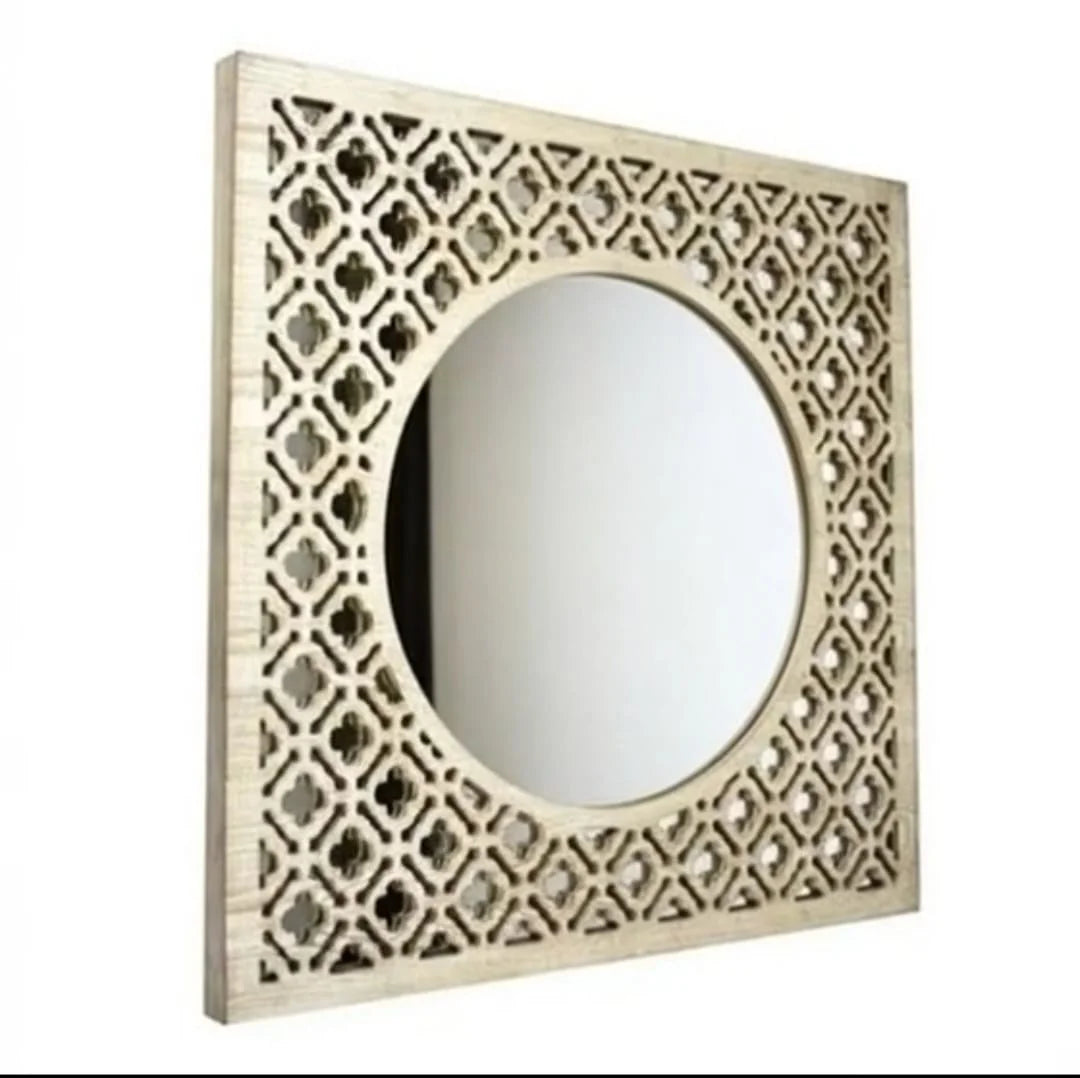 Whitewashed Carved Wood Mirror| Square Farmhouse Wall Decor| Large Boho Wall Mirror, Moroccan Trellis Mirror | Geometric Living Room Art