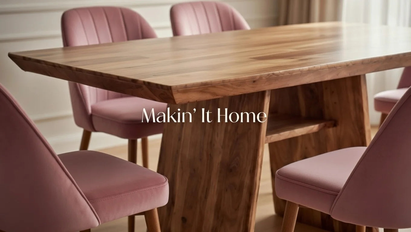 : Complete dining set with rustic live edge walnut rectangular table on bold trapezoid base and six pink velvet upholstered chairs, elegant neutral interior setting