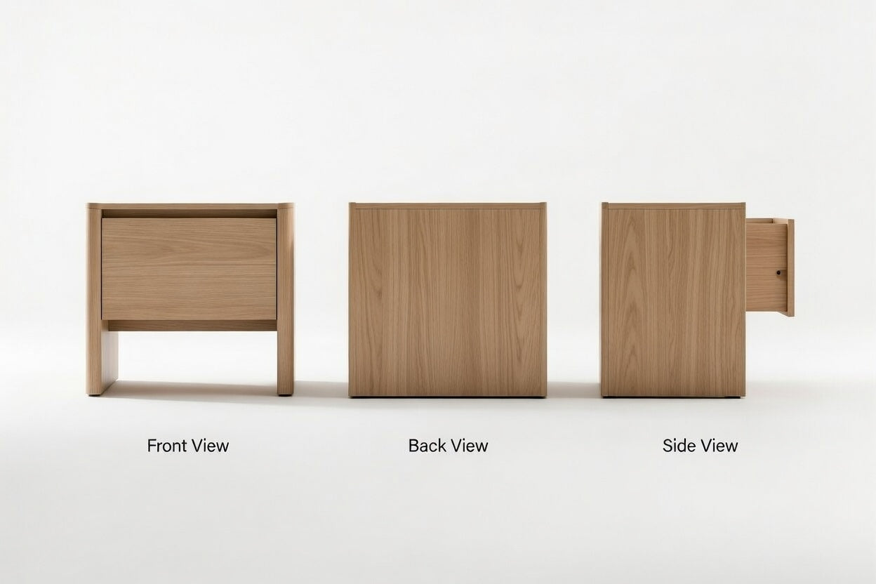 Wooden nightstand shown from front, back, and side views on a white background