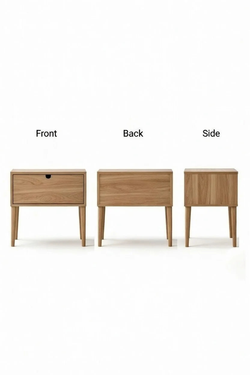 Wooden nightstand shown from front, back, and side views on a white background.