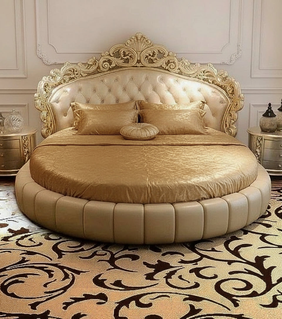 Royal Ivory & Gold Round Bed ,Handcarved Custom Design |Makin' It Home