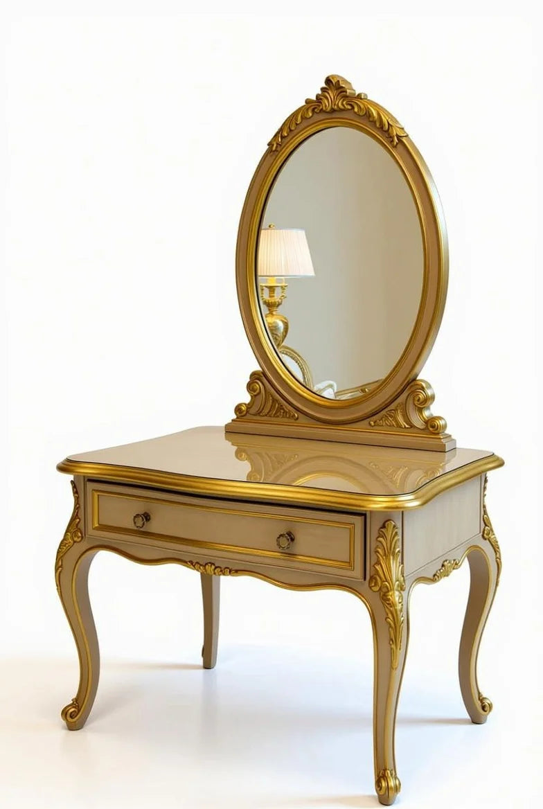 Elegant royal French provincial dressing vanity with gold ornate oval mirror.