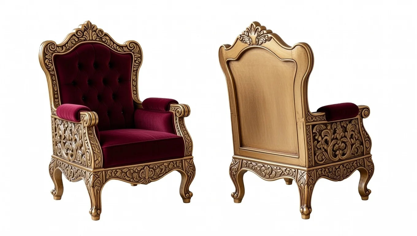 Royal high-back throne chair upholstered in deep burgundy velvet with a hand-carved bright gold wooden frame.