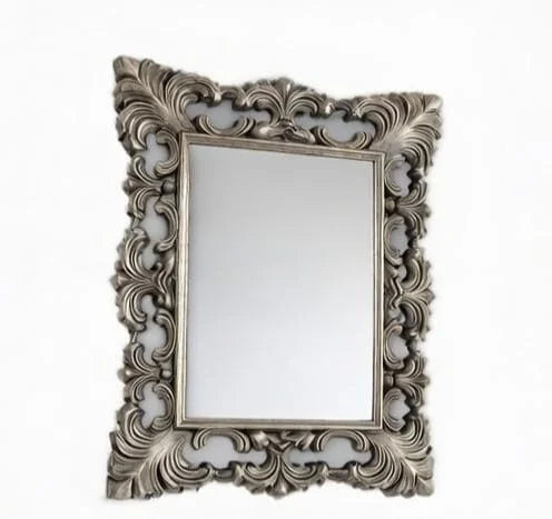 Antique Silver Wall Mirror|Hand-Carved Floral Wooden Dressing Table Mirror | Designer Wall Mirror for Living Room, Bedroom & Hallway