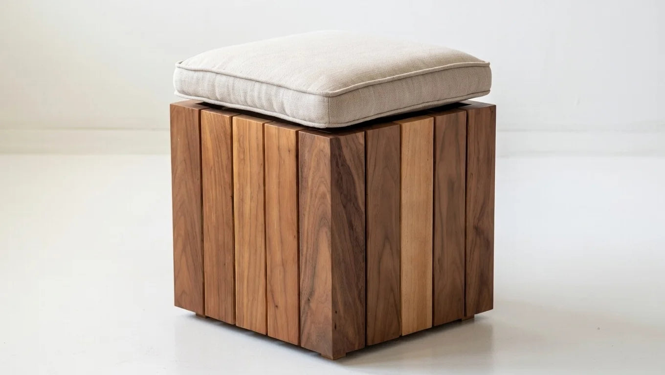 Wooden ottoman with a cushion on a white background