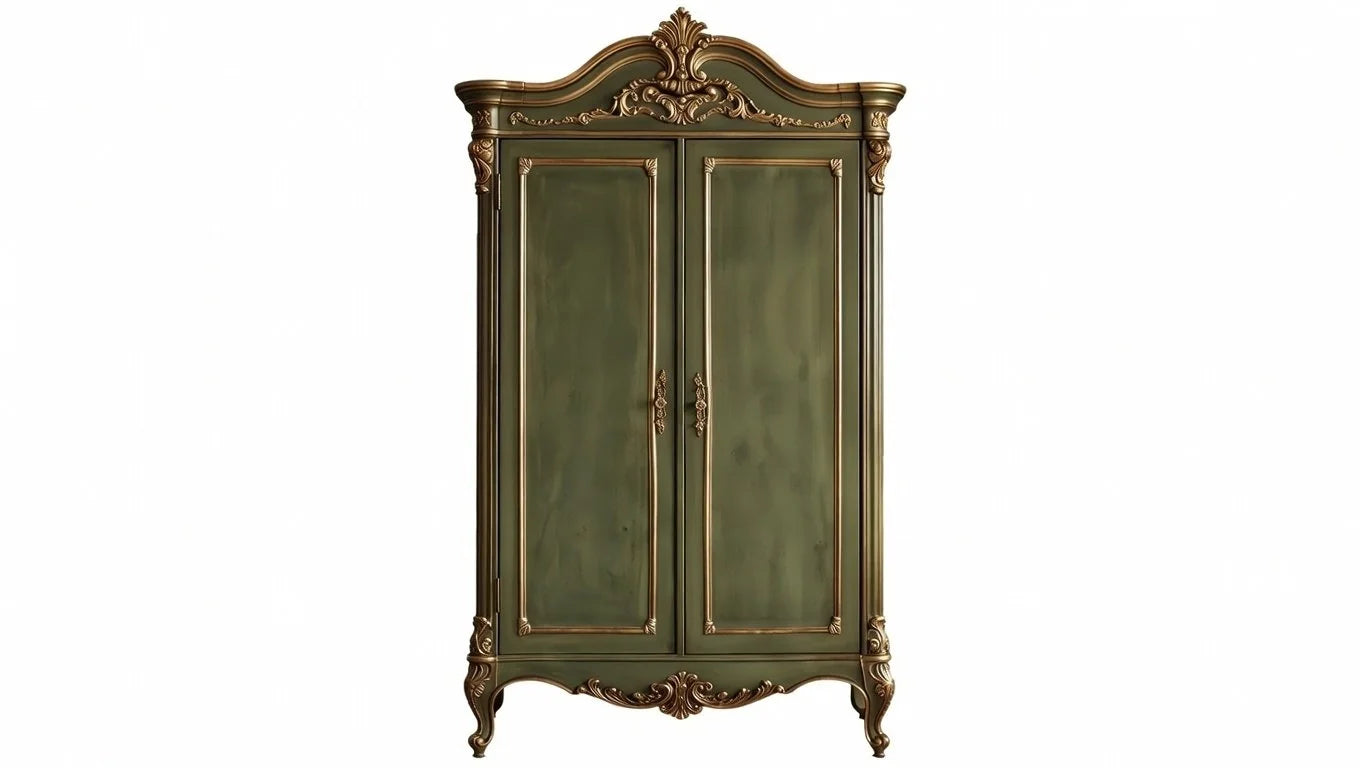 French-style 2-door armoire in antique green finish with gold accents and cabriole legs