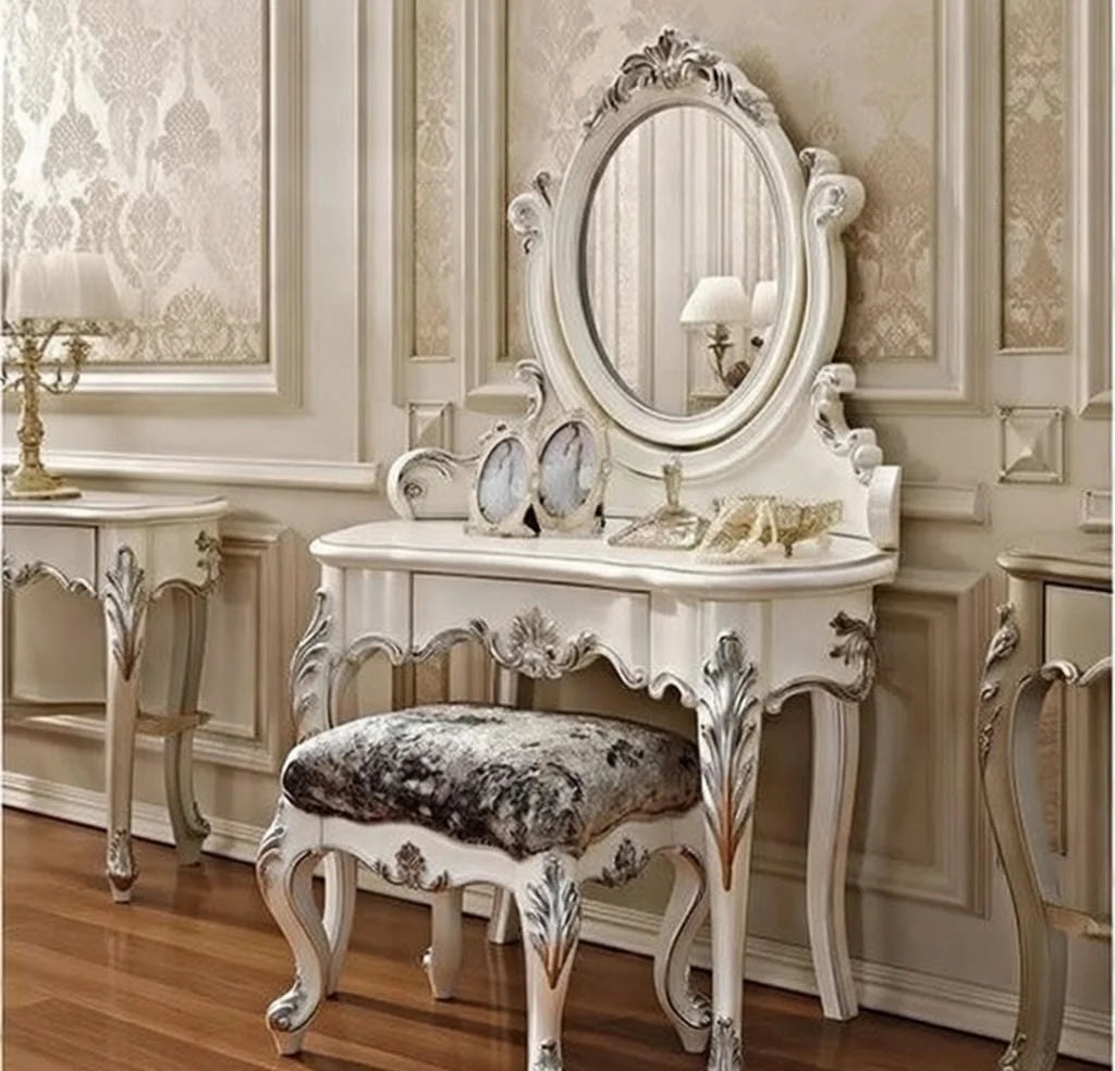 Luxury French Dressing Table – Solid Teak Wood Hand-Carved Vanity with Oval Mirror & Plush Stool