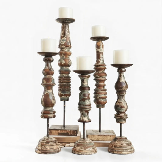 Set of 5 Tall Pillar Candle Holders Chippy - Farmhouse Distressed Antique Style Candlesticks