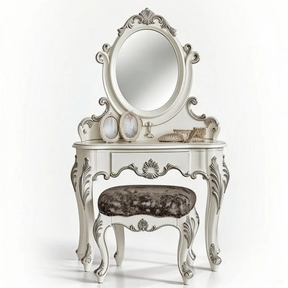 Luxury French Dressing Table – Solid Teak Wood Hand-Carved Vanity with Oval Mirror & Plush Stool
