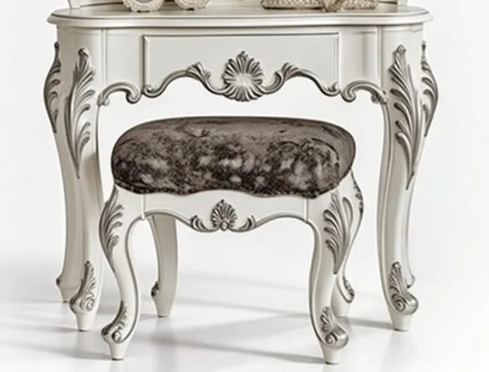 Luxury French Dressing Table – Solid Teak Wood Hand-Carved Vanity with Oval Mirror & Plush Stool
