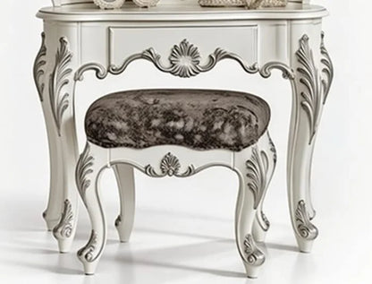 Luxury French Dressing Table – Solid Teak Wood Hand-Carved Vanity with Oval Mirror & Plush Stool