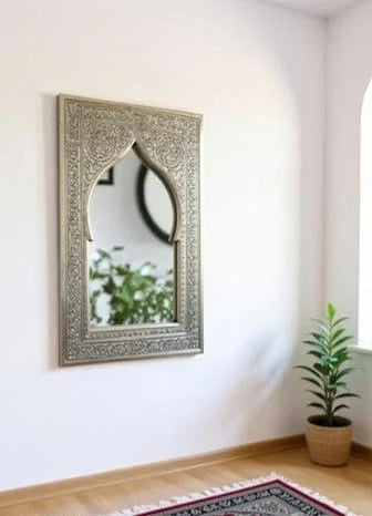Royal Moroccan Hand Embossed Silver Arch Wooden Wall Mirror | Moroccan Arch Wall Decor| Large Metal Frame Mirror|