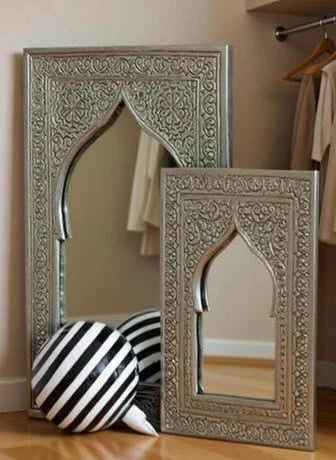 Royal Moroccan Hand Embossed Silver Arch Wooden Wall Mirror | Moroccan Arch Wall Decor| Large Metal Frame Mirror|