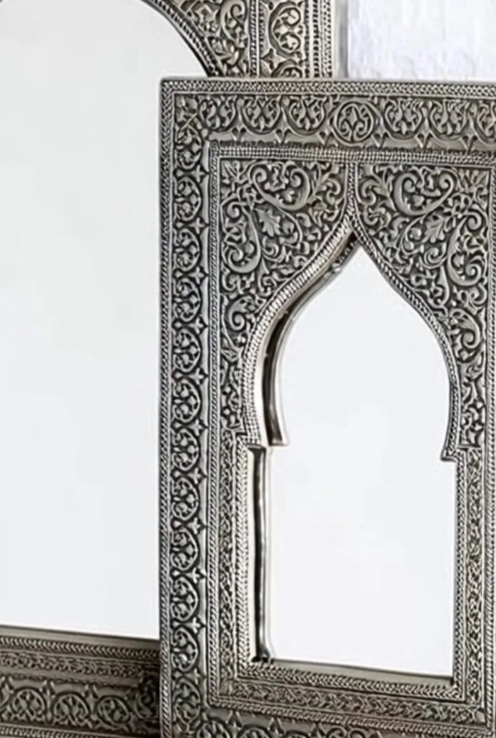 Royal Moroccan Hand Embossed Silver Arch Wooden Wall Mirror | Moroccan Arch Wall Decor| Large Metal Frame Mirror|