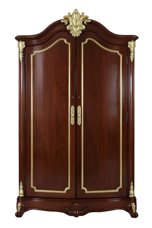 Wooden wardrobe with gold accents on a white background