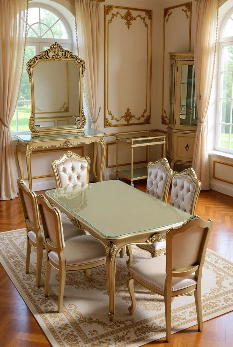 Gold Teak Wood Dining Table Set | 6 Seater Glass Top | Hand Carved French Baroque Furniture | Royal Home Decor | Curio Cabinet & Console