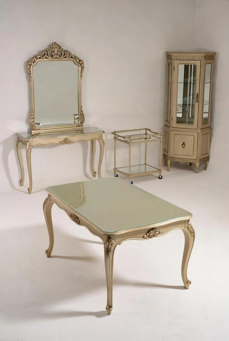 Gold Teak Wood Dining Table Set | 6 Seater Glass Top | Hand Carved French Baroque Furniture | Royal Home Decor | Curio Cabinet & Console