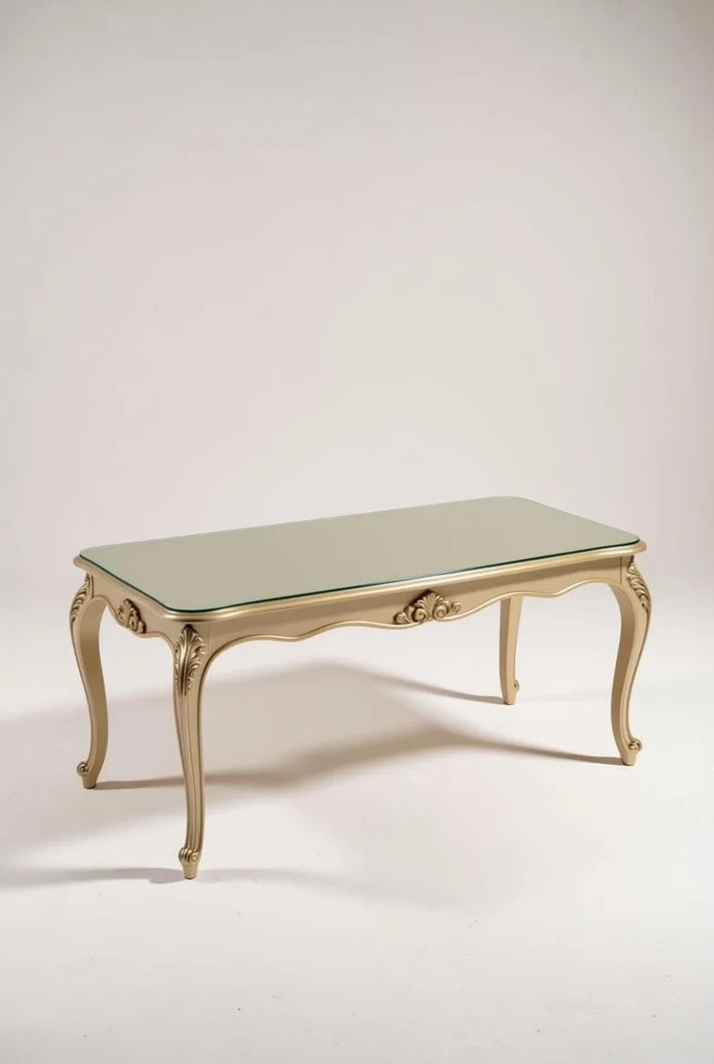 Gold Teak Wood Dining Table Set | 6 Seater Glass Top | Hand Carved French Baroque Furniture | Royal Home Decor | Curio Cabinet & Console