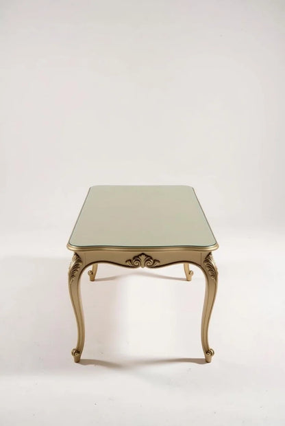 Gold Teak Wood Dining Table Set | 6 Seater Glass Top | Hand Carved French Baroque Furniture | Royal Home Decor | Curio Cabinet & Console