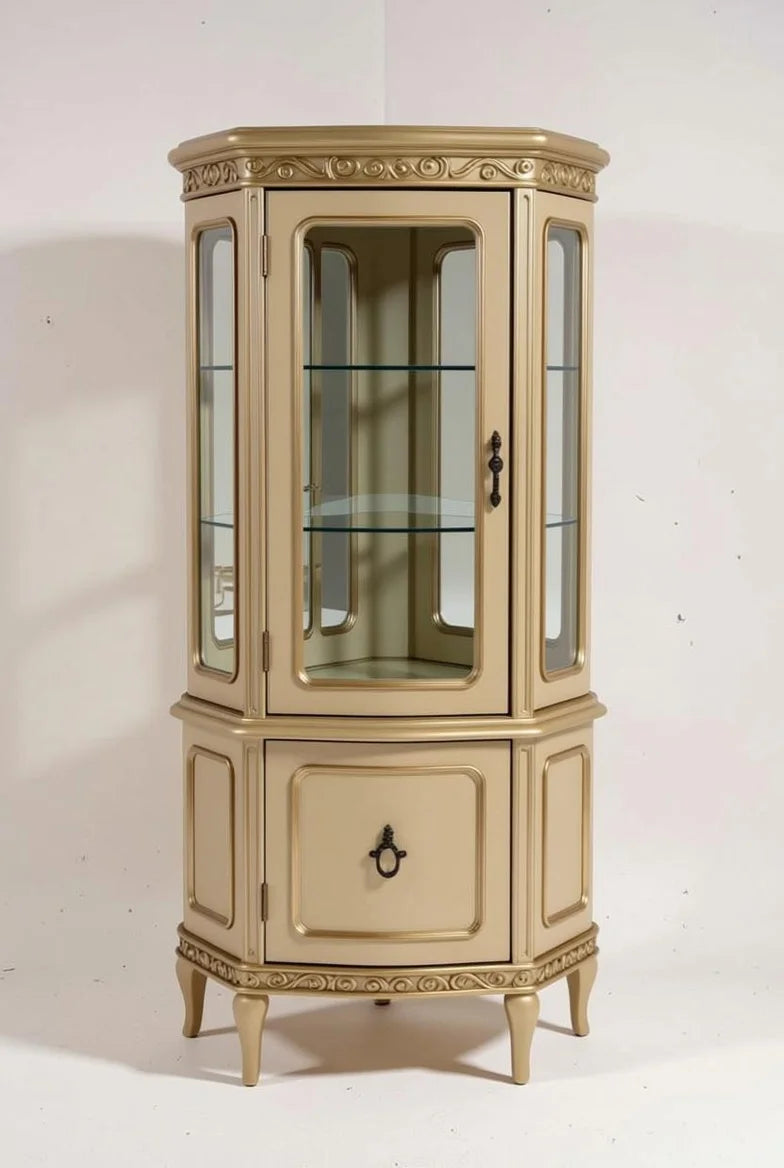 Gold Teak Wood Dining Table Set | 6 Seater Glass Top | Hand Carved French Baroque Furniture | Royal Home Decor | Curio Cabinet & Console