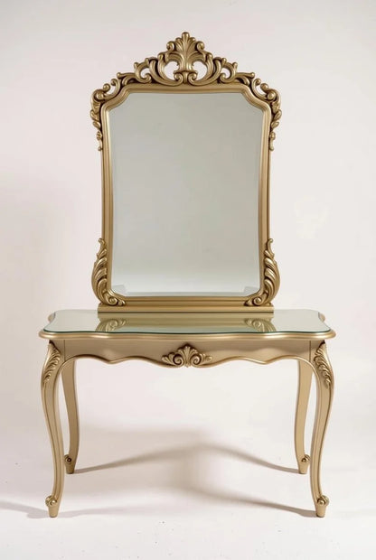 Gold Teak Wood Dining Table Set | 6 Seater Glass Top | Hand Carved French Baroque Furniture | Royal Home Decor | Curio Cabinet & Console