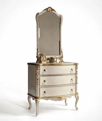 Aurevia Dressing Table – Luxury Ivory & Gold Wooden Vanity with Mirror | Classic Hand-Carved Bedroom Furniture