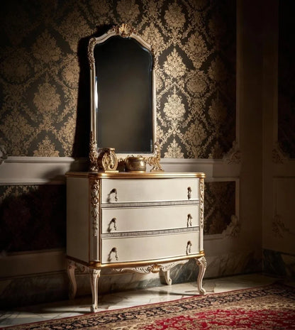 Aurevia Dressing Table – Luxury Ivory & Gold Wooden Vanity with Mirror | Classic Hand-Carved Bedroom Furniture