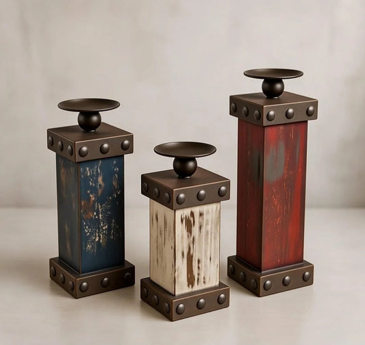 Bold Multicolor Industrial Candle Holders Set of 3 - Distressed Wood with Metal Rivets
