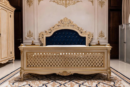 Bleu Majesty Italian Baroque Bedroom Set with Upholstered Headboard, Hand-Carved Luxury Statement Design | Makin’ It Home